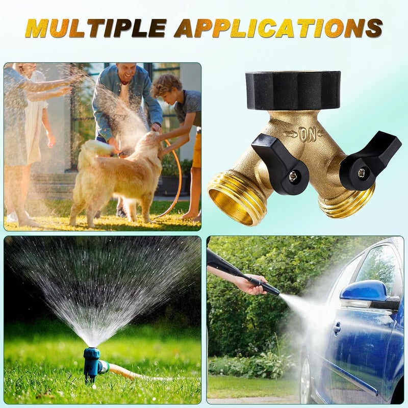 Dalmbox Garden Hose Splitter 2 Way, Y Connector Brass Garden Hose Adapter, Water Hose Splitter, Double Shut Off Valve, Includes 5 Rubber Washers & Teflon Tape(2 pack) - Image 2